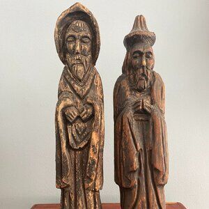 Carved Monk Religious Figures Figurines Statues Vintage MCM Brown Set of 2